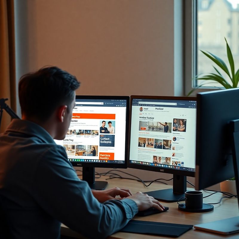 Editor reviewing two browser windows side-by-side comparing competitor pages on a dual-monitor workspace
