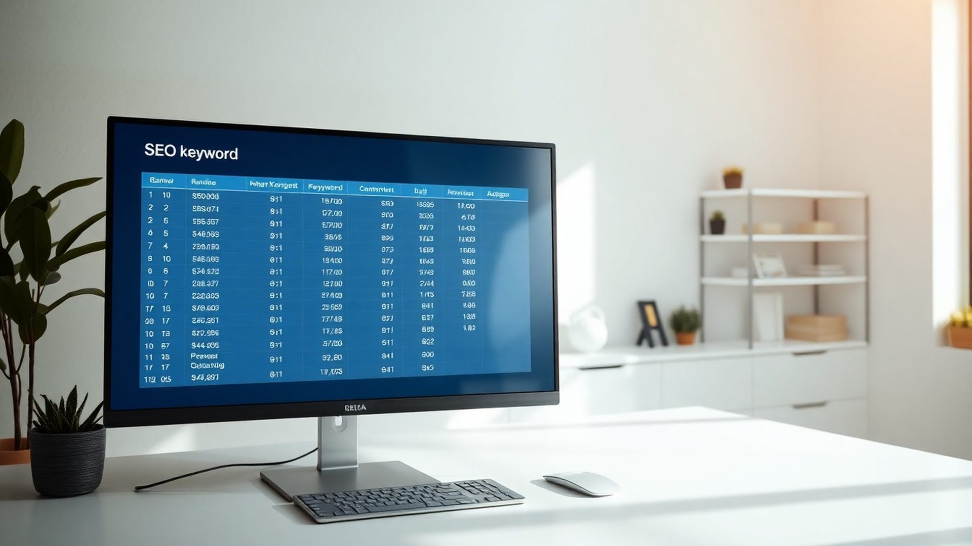 Analyst reviewing a ranked keyword data table on a large monitor in a professional workspace