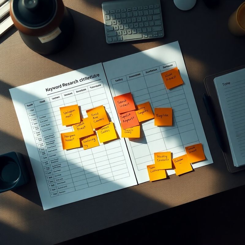 Overhead view of a desk with a printed keyword research spreadsheet and sticky notes mapping search intent clusters