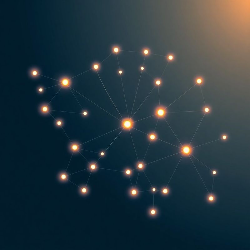 Abstract network graph of linked domains with bright highlight nodes on a slate-blue background