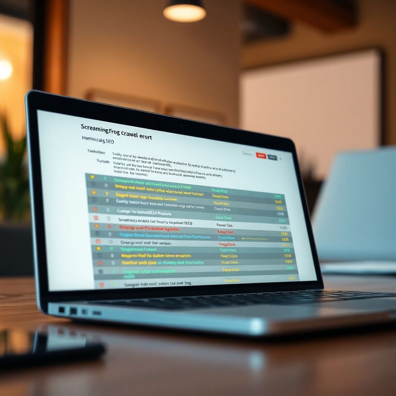 Laptop screen showing a Screaming Frog crawl report with colour-coded technical SEO errors