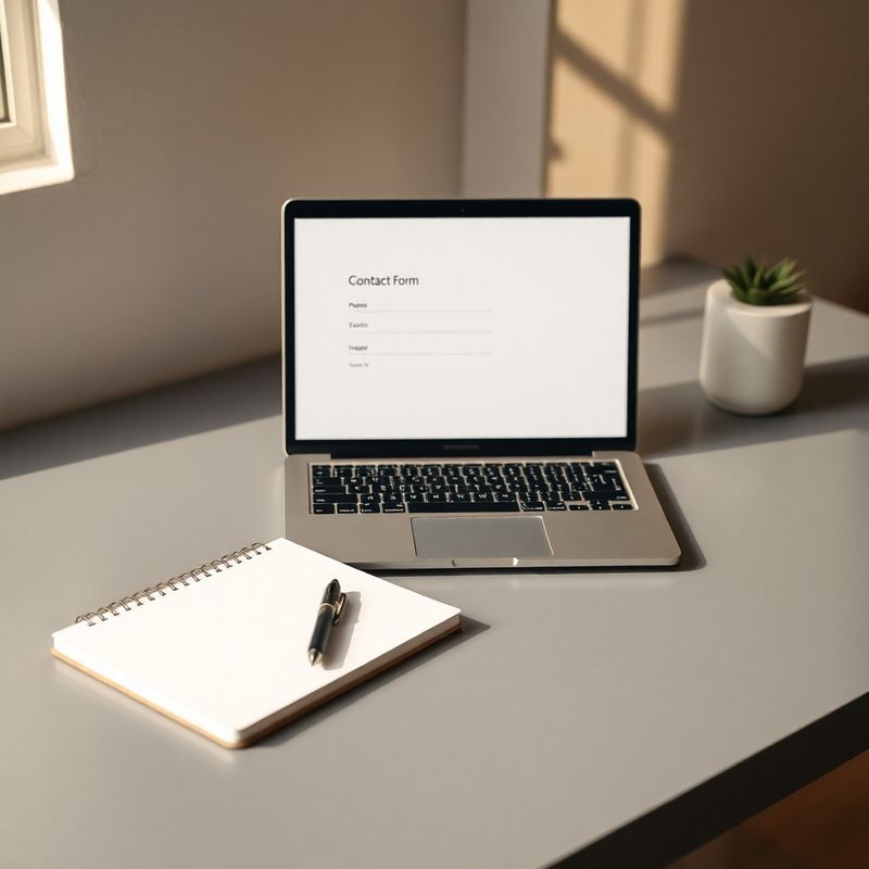 Minimal desk with a notepad, pen, and a laptop showing a blank contact form