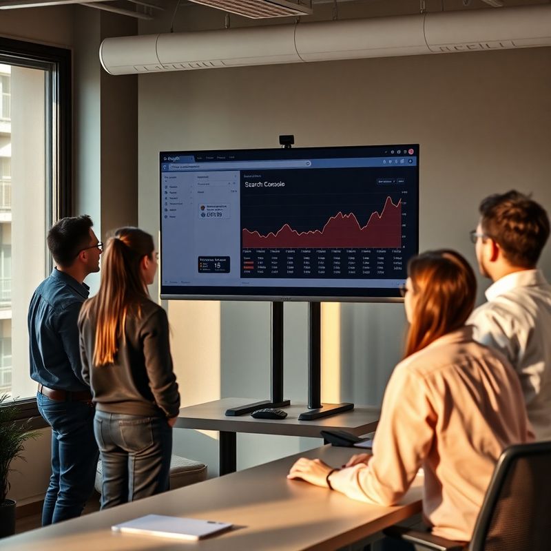 Small professional team gathered around a monitor showing a Google Search Console performance graph in a contemporary Craiova office